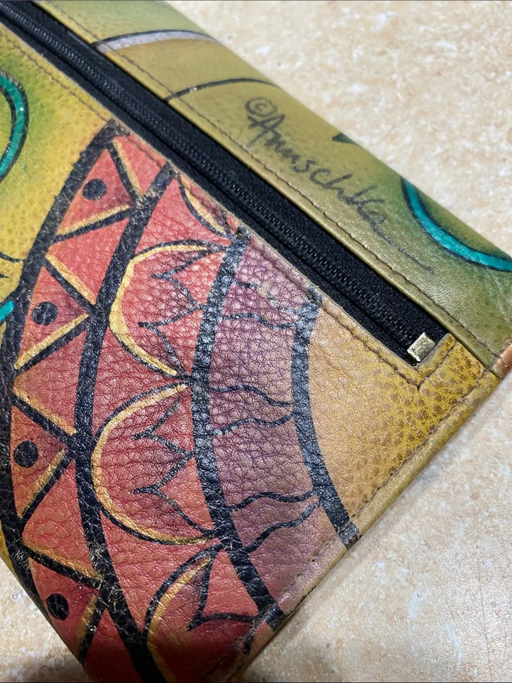 Anna by Anuschka Hand Painted Leather Tri Fold Wallet Floral Flowers